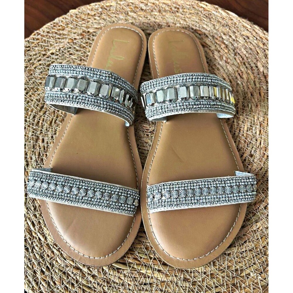 Lulus Women’s 7.5 Silver/Beige Rhinestone Beaded Slip-On Flat Slide Sandal